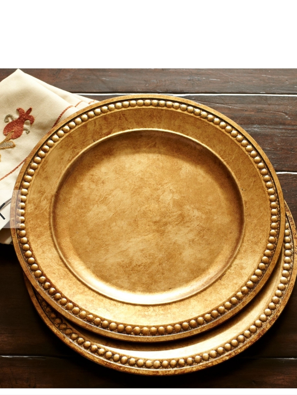 Pottery Barn Handbrushed Gold Beaded Gilt Charger 14" Plates, Set Of 5, EUC